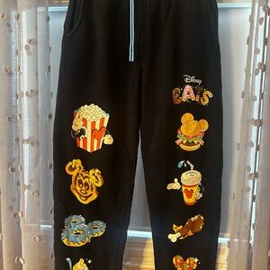 Disney Parks EATS collection Black Sweatpants with Colorful Snack Graphics